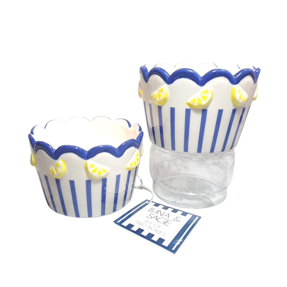Set of 2 Luna &‎ Sage Bowls Lemons Ceramic Hand Painted White/Blue/Yellow